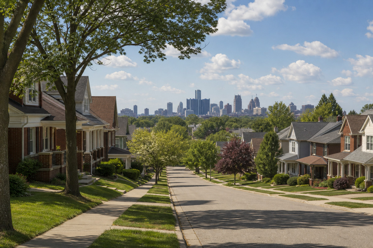 Detroit skyline seen across a residential neighborhood of brick houses and mature street trees